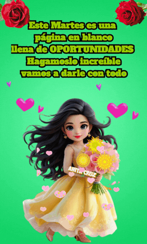 A Girl In A Yellow Dress Is Holding A Bouquet Of Flowers And The Words " Este Martes Es Una Pagina En Blanco " Are Above GIF