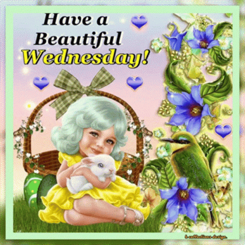 A Girl In A Yellow Dress Is Holding A White Rabbit With The Words Have A Beautiful Wednesday Below Her GIF