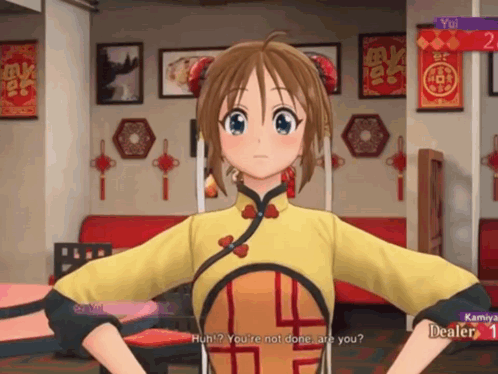 A Girl In A Yellow Dress Says Huh ? You 'Re Not Done Are You ? In A Video Game GIF