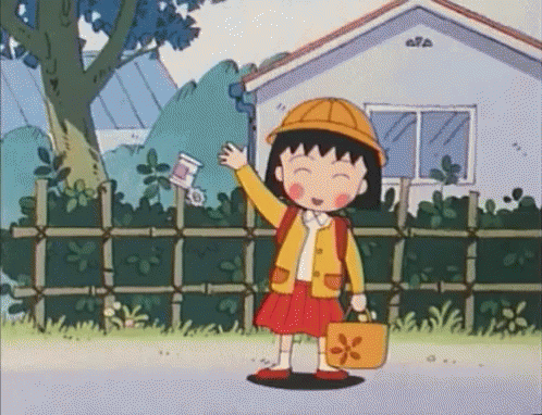 A Girl In A Yellow Hat Is Holding A Bottle And A Bag In Front Of A House . GIF