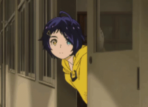 A Girl In A Yellow Hoodie Peeking Out From Behind A Door GIF