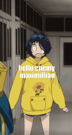 A Girl In A Yellow Hoodie That Says Hello Enemy Maximillian On It GIF