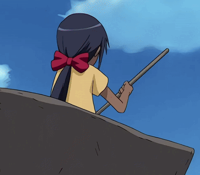 A Girl In A Yellow Shirt With A Red Bow On Her Back Is Holding A Stick GIF