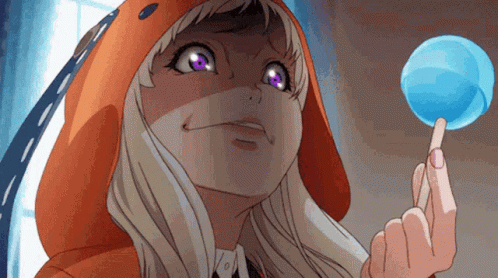A Girl In An Orange Hoodie Is Holding A Blue Object In Her Hand GIF