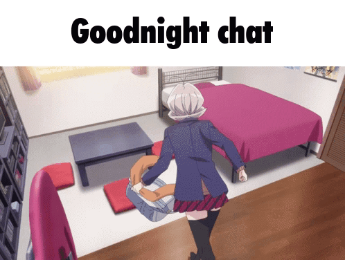 A Girl Is Carrying A Boy In A Room With The Words " Goodnight Chat " Above Her GIF