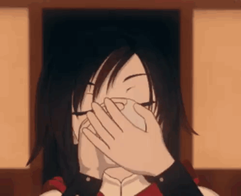A Girl Is Covering Her Mouth With Her Hands . GIF