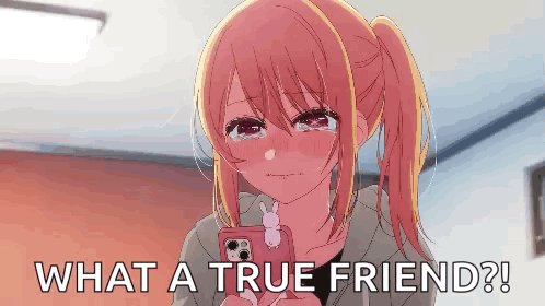 A Girl Is Crying While Holding A Cell Phone And The Words `` What A True Friend ? '' GIF