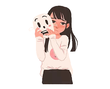 a girl is crying while holding a mask with a smiley face on it .