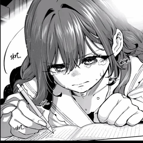 A Girl Is Crying While Writing In A Notebook And The Word Skrt Is On The Bottom Right GIF