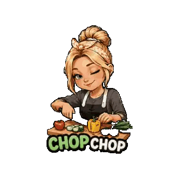 a girl is cutting vegetables on a cutting board with chop chop written on it