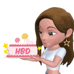 a girl is holding a birthday cake that says hbd on it