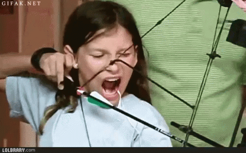 A Girl Is Holding A Bow And Arrow In Her Mouth .. GIF