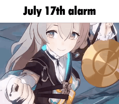 A Girl Is Holding A Gong And Pointing At The Camera With The Words `` July 17Th Alarm '' . GIF