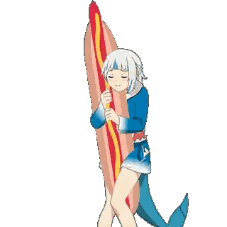 a girl is holding a hot dog and a surfboard in her hands .