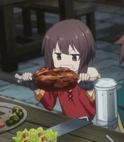 A Girl Is Holding A Large Piece Of Meat In Her Hands GIF