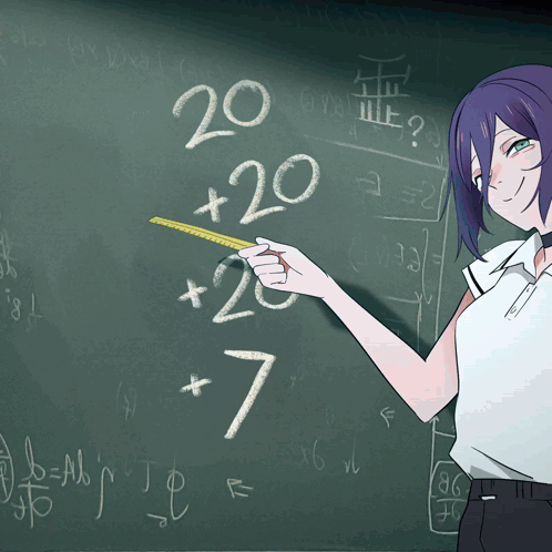 a girl is holding a ruler in front of a blackboard that says 20 + 20 + 7