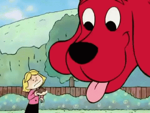 A Girl Is Holding A Stuffed Animal Next To A Large Red Dog . GIF