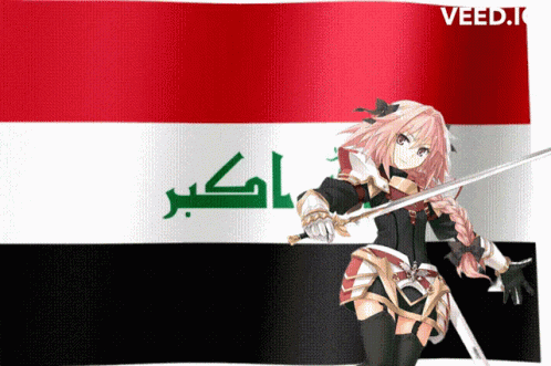 A Girl Is Holding A Sword In Front Of A Flag That Says ' Veed.i ' On It GIF