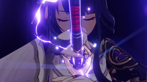A Girl Is Holding A Sword With A Purple Lightning Bolt Coming Out Of It . GIF