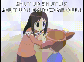 A Girl Is Hugging A Boy With The Words `` Shut Up Shut Up Shut Up !! Hair Come Off ! '' GIF