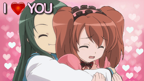A Girl Is Hugging Another Girl With The Words I Love You Above Them GIF