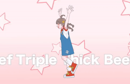 A Girl Is Jumping In The Air With The Words Triple Thick Beef Written Below Her GIF