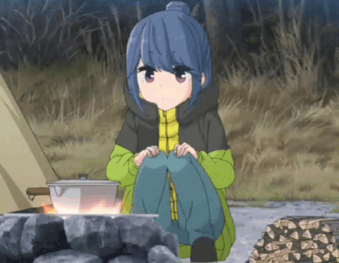 A Girl Is Kneeling Down In Front Of A Pot On A Fire . GIF