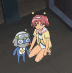 A Girl Is Kneeling Down Next To A Robot GIF