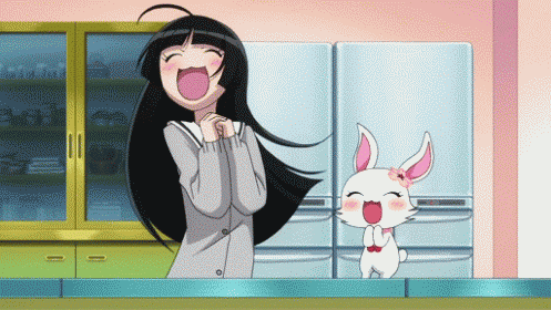 A Girl Is Laughing Next To A White Bunny With Pink Ears GIF