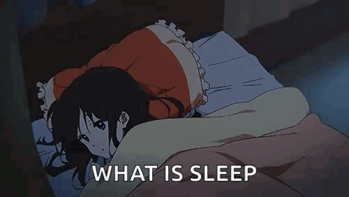 A Girl Is Laying In Bed Under A Blanket With The Words `` What Is Sleep '' Written Above Her . GIF