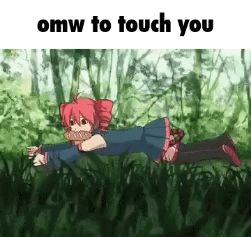 A Girl Is Laying In The Grass With A Sandwich In Her Mouth And A Message That Says `` Omw To Touch You '' . GIF
