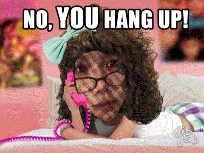 A Girl Is Laying On A Bed Talking On A Pink Phone With The Words No You Hang Up Above Her GIF