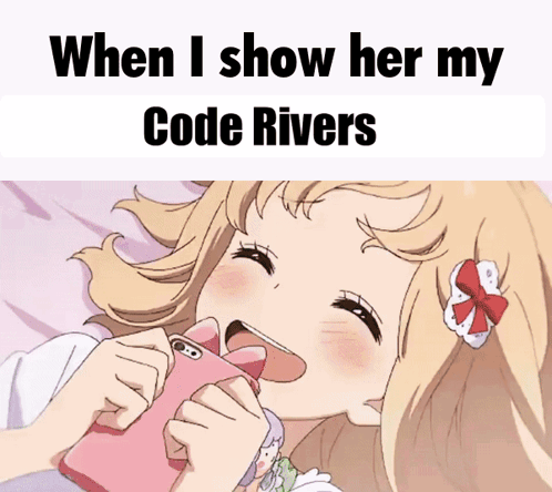 A Girl Is Laying On A Bed With A Pink Phone In Her Mouth And The Words " When I Show Her My Code Rivers " GIF