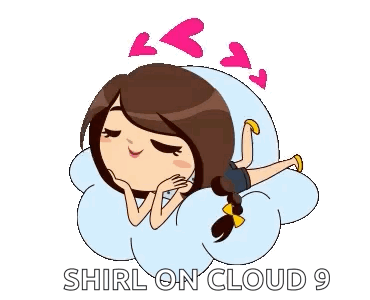 A Girl Is Laying On A Cloud With The Words Shirl On Cloud 9 Above Her GIF