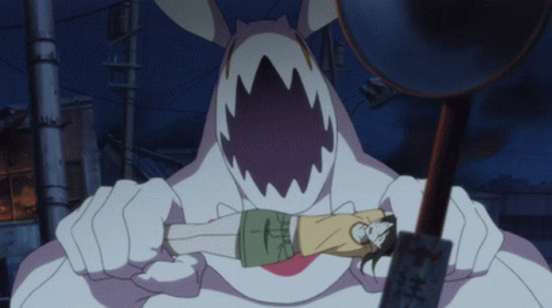 A Girl Is Laying On A Monster 'S Chest With A Sign That Says ' Eh ' On It GIF