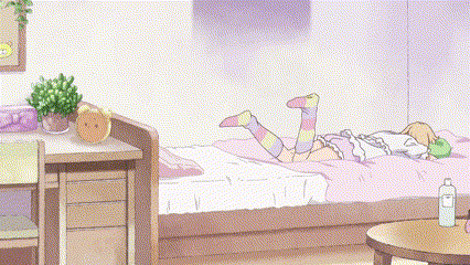 A Girl Is Laying On Her Back On A Bed In A Bedroom . GIF