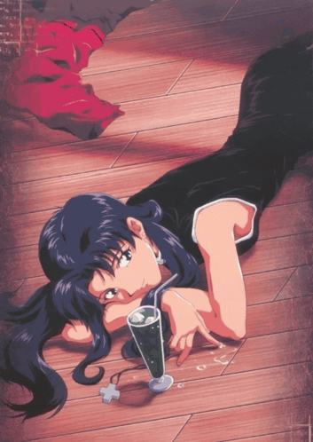 A Girl Is Laying On The Floor With A Glass Of Soda In Her Hand GIF