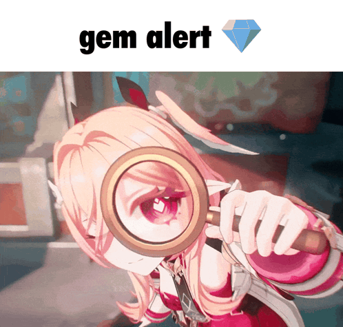 A Girl Is Looking Through A Magnifying Glass With The Words Gem Alert Written Above Her GIF