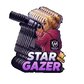 a girl is looking through a telescope that says star gazer on it