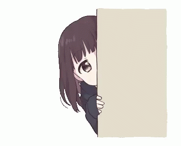 A Girl Is Peeking Out From Behind A Wall And Holding A Cardboard Box . GIF