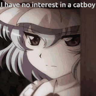A Girl Is Peeking Out From Behind A Wall With The Words `` I Have No Interest In A Catboy '' Written On It . GIF