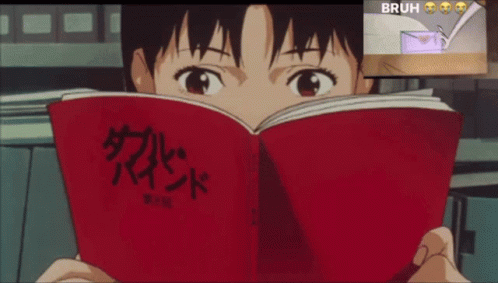 A Girl Is Reading A Red Book With The Word Bruh On The Bottom Right GIF