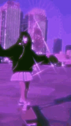 A Girl Is Riding A Skateboard In Front Of A Ferris Wheel In A Purple City . GIF