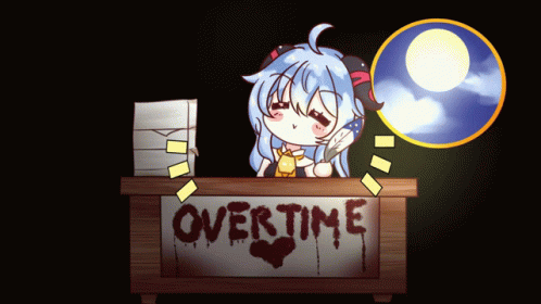 A Girl Is Sitting At A Desk With The Word Overtime Written On It GIF