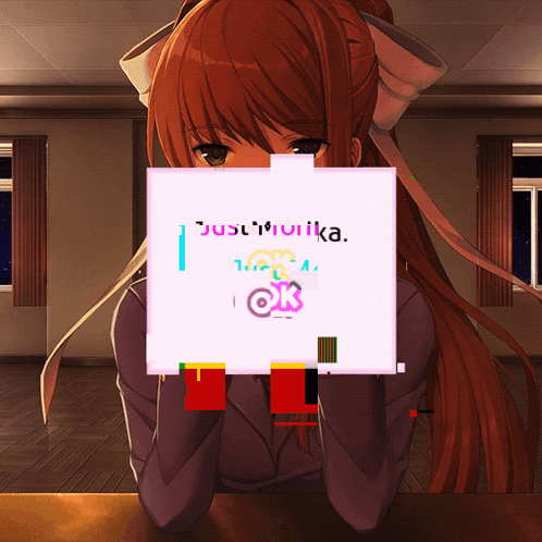 A Girl Is Sitting At A Table Behind A Sign That Says ' Jusli ' On It GIF