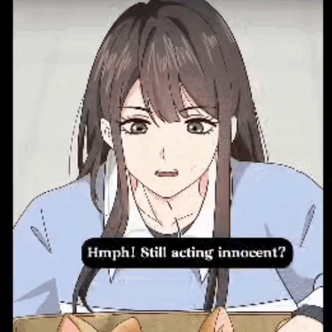 A Girl Is Sitting At A Table With A Box Of Food And A Sign That Says Hmph Still Acting Innocent . GIF