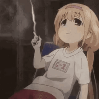 A Girl Is Sitting In A Chair Holding A Lighter And Smiling . GIF