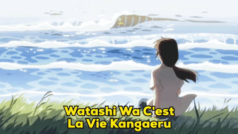 A Girl Is Sitting In The Grass Looking At The Ocean And The Words Watashi Wa C'est La Vie Kangeru Are Above Her GIF