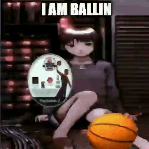 A Girl Is Sitting Next To A Basketball With The Words I Am Ballin Above Her GIF