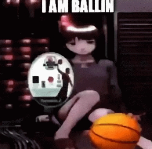 a girl is sitting next to a basketball with the words `` i am ballin '' written on the bottom .